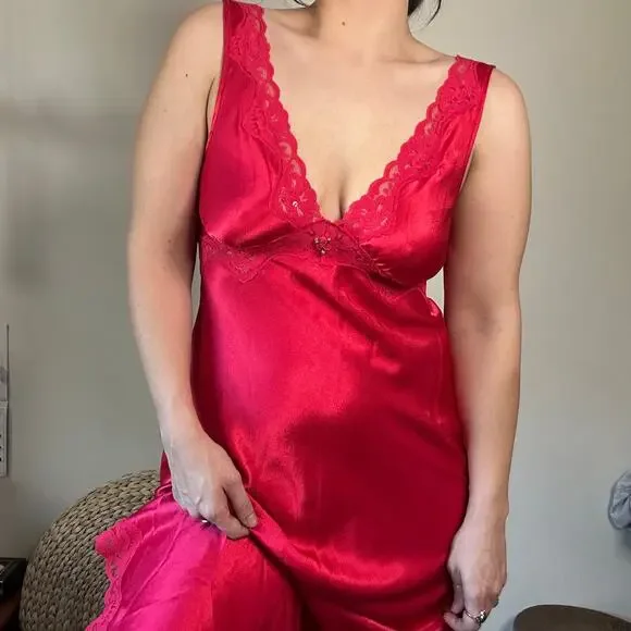 Vintage California Dynasty Red Satin Lace Lingerie Slip Dress w/ Leg Slit Sz S - Picture 2 of 10